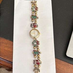 Festive Rumours Holiday Charm Bracelet Watch - Gold Tone, Red & Green